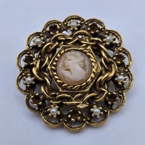 Goldette Cameo Brooch Women Gold Vintage Faux‎ Pearl Filigree Victorian Style